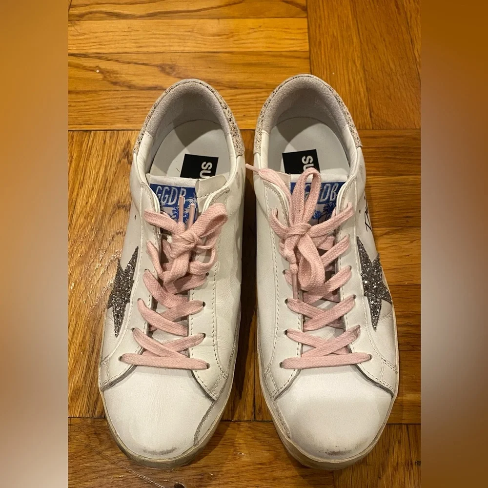 Authentic Golden Goose White Sneakers with Pink Laces and Glitter Star - Picture 5 of 10